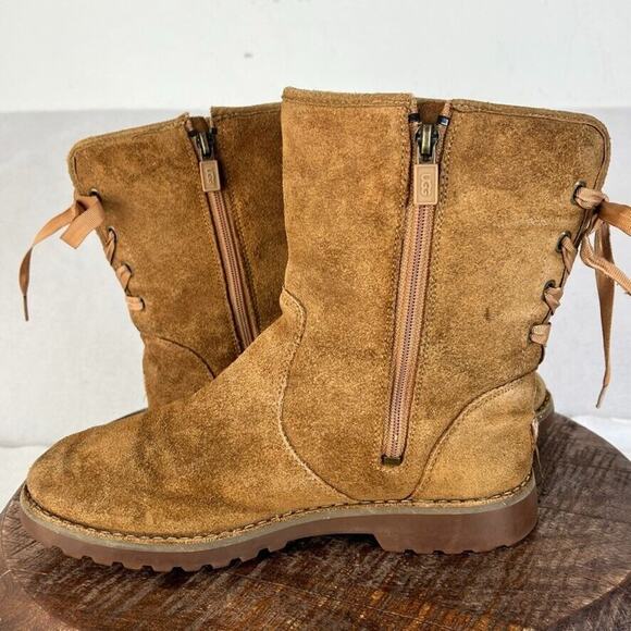 UGG Boots Kids Size 4 Corene Chestnut Suede Lace Up Side Zip - Picture 3 of 9
